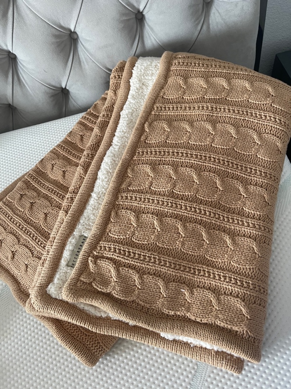 Pottery Barn Cream Sherpa Throw with Camel Trim